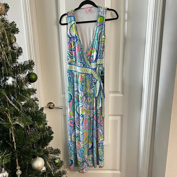 Lilly Pulitzer Bellina Maxi Wrap Dress Size Small Color Blue White - Picture 2 of 5